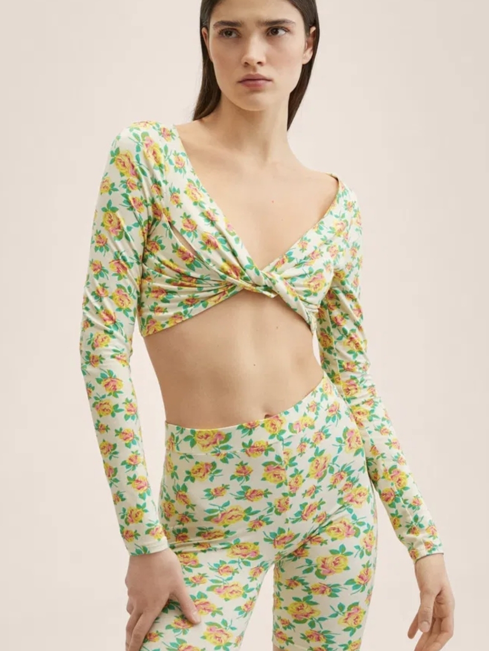 NWT Mango Floral Twisted Front Long Sleeve Crop Top (Top Only), Sz Medium
